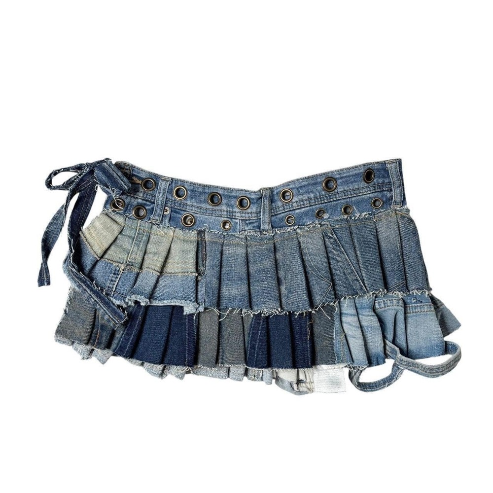 upcycled denim pleated mini skirt-belt - Picture 2 of 6